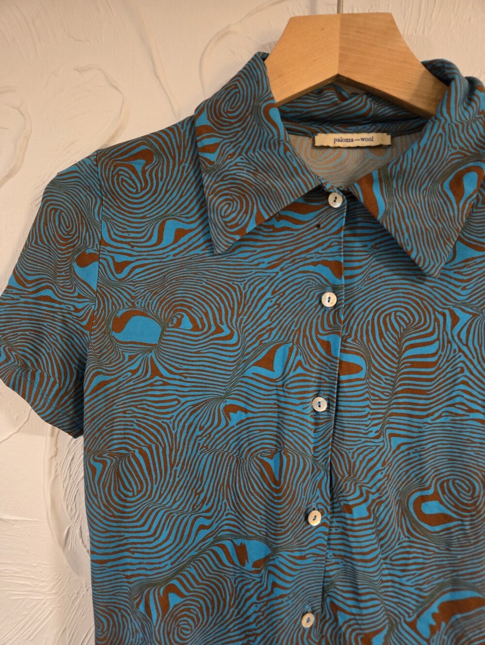 Paloma Wool• The ReginaTeal & Brown Abstract Mosaic Psychedelic Button-Up. Sz S - Picture 7 of 7
